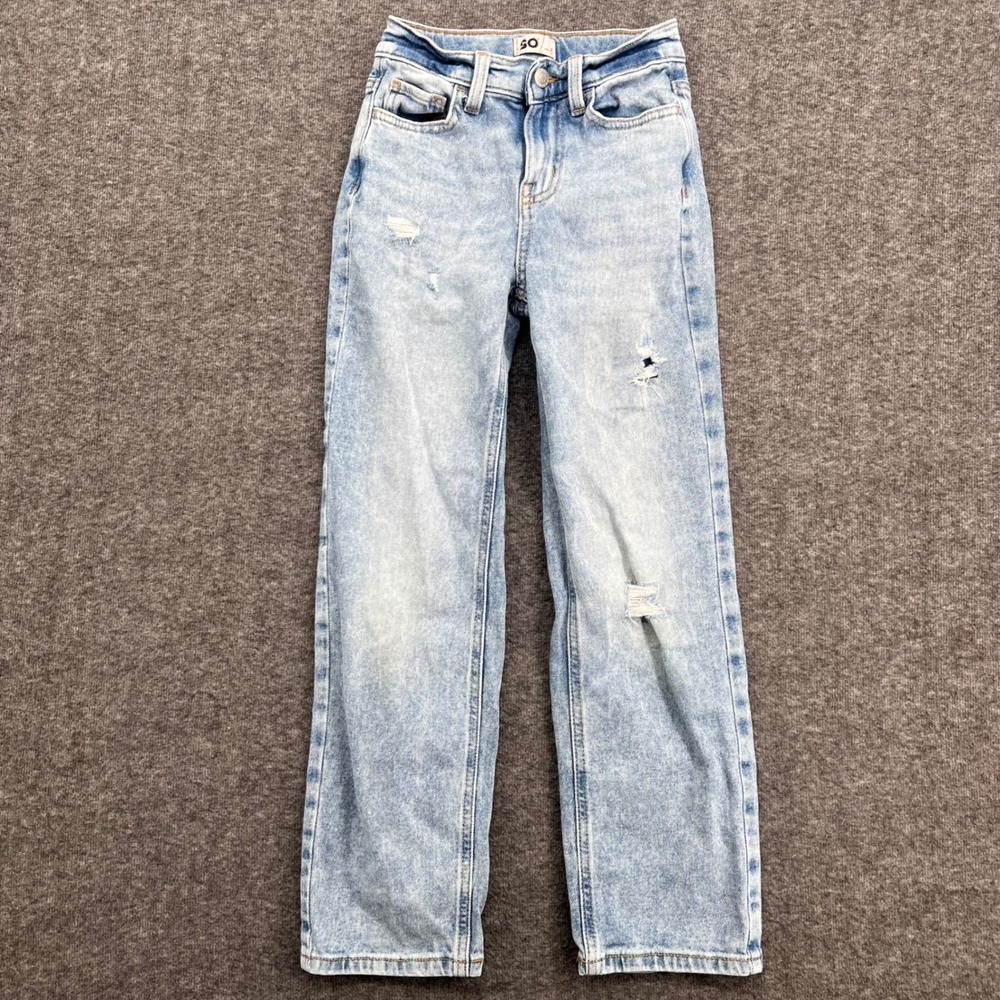 SO Girls Acid Wash Distressed Straight Leg Jeans Light Blue Size 8
